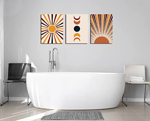 Orange Boho Wall Art Sunrise and Moon Minimalist Geometry Abstract Canvas Wall Art Modern 3 Pieces Stretched and Framed Artwork Canvas Prints for Home Office Bathroom Bedroom Wall Decor 12"x16"x3