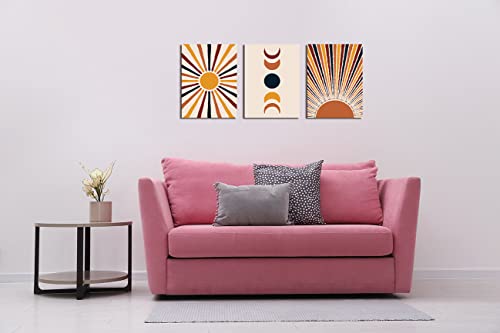 Orange Boho Wall Art Sunrise and Moon Minimalist Geometry Abstract Canvas Wall Art Modern 3 Pieces Stretched and Framed Artwork Canvas Prints for Home Office Bathroom Bedroom Wall Decor 12"x16"x3