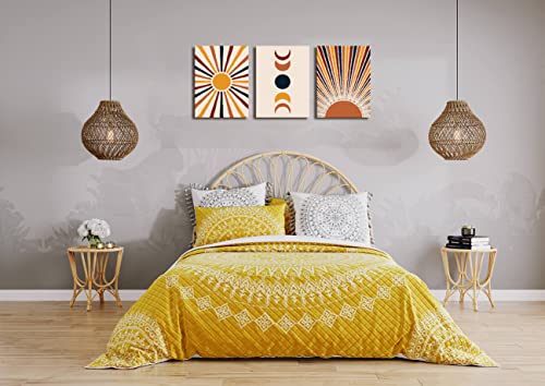 Orange Boho Wall Art Sunrise and Moon Minimalist Geometry Abstract Canvas Wall Art Modern 3 Pieces Stretched and Framed Artwork Canvas Prints for Home Office Bathroom Bedroom Wall Decor 12"x16"x3