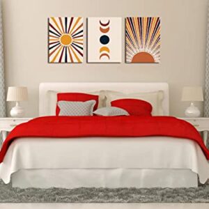 Orange Boho Wall Art Sunrise and Moon Minimalist Geometry Abstract Canvas Wall Art Modern 3 Pieces Stretched and Framed Artwork Canvas Prints for Home Office Bathroom Bedroom Wall Decor 12"x16"x3