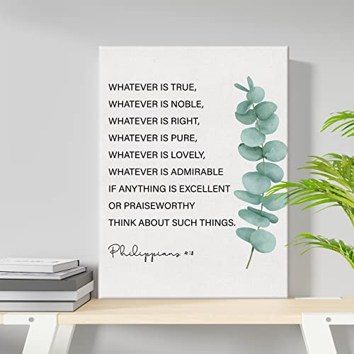 Philippians 4:8 Whatever is True Bible Verse Canvas Wall Art Christian Office Home Decor Scripture Poster Picture Artwork 11.5"x15", Baptism Gift (Wooden Framed)