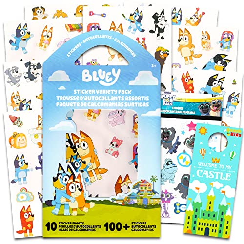 Bluey Sticker Pack for Kids, Boys, Girls - 2 Pc Bundle with 100+ Bluey Stickers for Party Favors, Goodie Bags, More Plus Bonus Stickers | Bluey Stickers for Kids