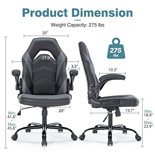 Gaming Chair Ergonomic Office Chair, Padded High Back Computer Desk Chair with Flip-up Armrests, PU Leather Executive Office Chair Swivel Rolling Chair for Adults Teens, Height Adjustable, Tilt & Lock