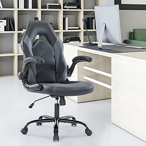 Gaming Chair Ergonomic Office Chair, Padded High Back Computer Desk Chair with Flip-up Armrests, PU Leather Executive Office Chair Swivel Rolling Chair for Adults Teens, Height Adjustable, Tilt & Lock