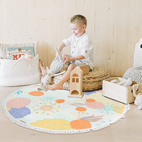 NECHEGI 4ft 3ft 2ft Round Rug for Bedroom Soft Area Rug with Tassels Washable Non Slip Mat Carpet for Living Room Sofa Nursery Playroom Decor(Flower, 3ft)