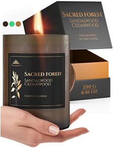 sacred forest cedar & sandalwood candle [60h burning time] natural soy candle scented infused with essential oils, smokeless aromatherapy candle 8.81 oz, gift packaging included