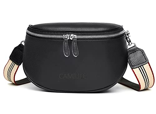 Soft Real Leather Crossbody Bags for Women Shoulder Bag Women's Real Leather Messenger Bag Bumbag with Wide Changeable Strap (Black-Leather)
