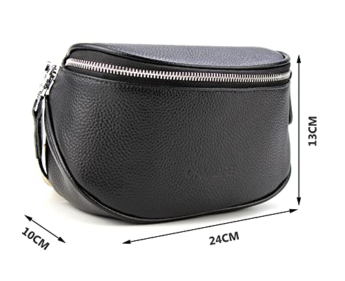 Soft Real Leather Crossbody Bags for Women Shoulder Bag Women's Real Leather Messenger Bag Bumbag with Wide Changeable Strap (Black-Leather)