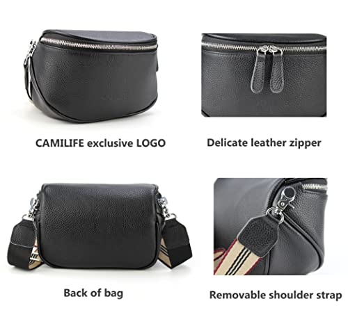 Soft Real Leather Crossbody Bags for Women Shoulder Bag Women's Real Leather Messenger Bag Bumbag with Wide Changeable Strap (Black-Leather)