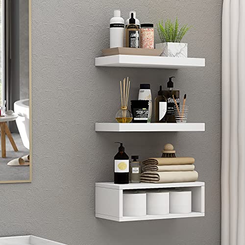 TEPLEDGE Floating Shelves Set of 3, Modern Bathroom Shelves Over Toilet with Paper Storage Rack, Wall Mounted Shelves for Kitchen, Bedroom, White