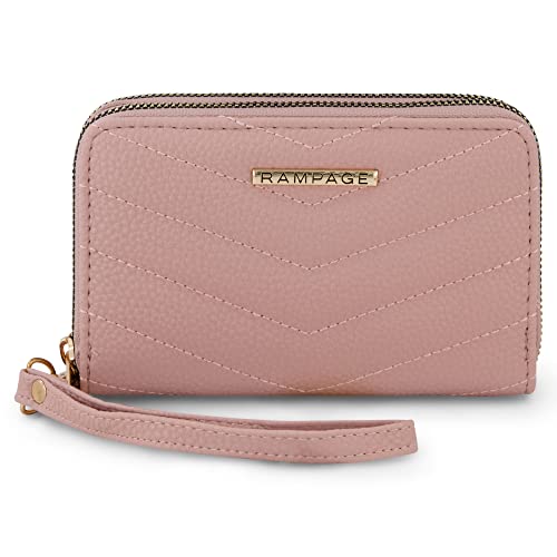 Rampage Women's Long Midi Zip Around Wallet Clutch with Wristlet Strap, Double Zip Function, Blush