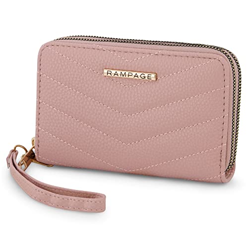 Rampage Women's Long Midi Zip Around Wallet Clutch with Wristlet Strap, Double Zip Function, Blush