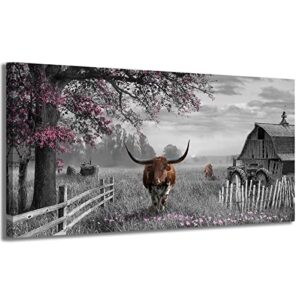 Jufahivos Western Decor Cow Print Black and White Wall Art for Living Room Bedroom office Wall Art Pink Pictures Rusti Decor Cow Wall Art for Living Room Decorations Wall Art 24x48 Inches Wall Art