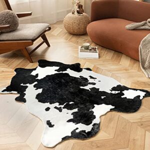 ashler cowhide rug cow print area rug, off white cute faux cow animal mat, non-slip backing, machine washable rugs for room decor, living room and bedroom, 4.6 x 5.2ft