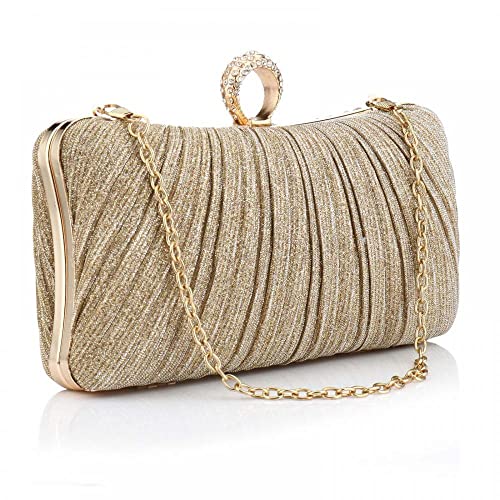 YYW Evening Handbag Women Gold Glitter Clutch Purse Pleated Wedding Clutch for Bridal Wedding Party (Gold)