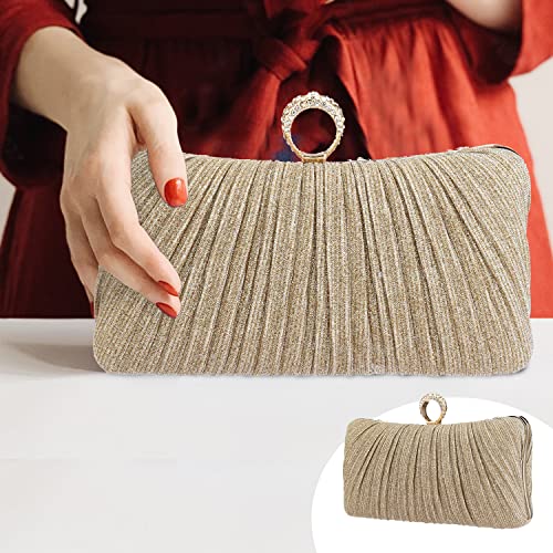 YYW Evening Handbag Women Gold Glitter Clutch Purse Pleated Wedding Clutch for Bridal Wedding Party (Gold)