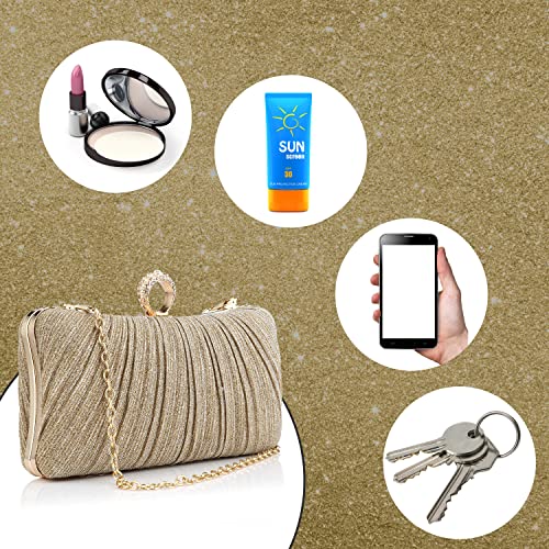 YYW Evening Handbag Women Gold Glitter Clutch Purse Pleated Wedding Clutch for Bridal Wedding Party (Gold)