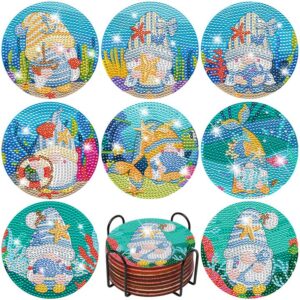 8 pcs ocean gnome diamond paintings coasters, diamond art coasters with holder, sea diamond painting coasters for beginners adults kids art supplies