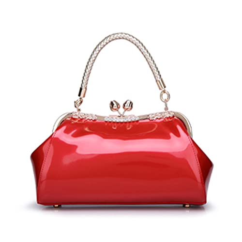 ZiMing Shiny Patent Leather Handbags Women Vintage Kiss Lock Tote Bags with Metal Top Handle Purses Evening Handbag Satchel Shoulder Bag Crossbody Bag with Long Shoulder Straps-Red