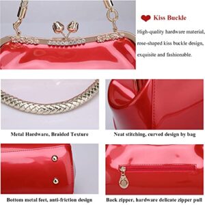 ZiMing Shiny Patent Leather Handbags Women Vintage Kiss Lock Tote Bags with Metal Top Handle Purses Evening Handbag Satchel Shoulder Bag Crossbody Bag with Long Shoulder Straps-Red