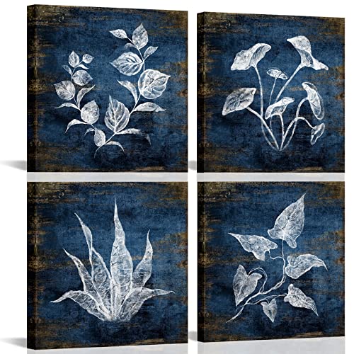 KLVOS Leaf Picture Wall Art Prints Navy Blue Tropical Plant Green Leaf Inspirational Canvas Prints Artwork Rustic Natural Leaves Framed Wall Decor for Bathroom Bedroom Living Room