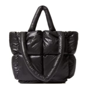 large puffer tote bag, lightweight quilted cotton padded designer handbags for women, luxury winter soft puffer shoulder bag (black)