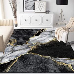 Vintage Abstract Marble Pattern Area Rugs, Black Grey Gold Carpet, Soft Thick Washable Art Deco Rug for Living Room Bedroom Under Dining Table Farmhouse Office Indoor Runners, 6x9ft