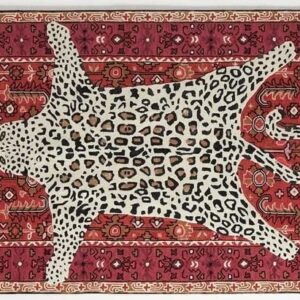 Restoration and Renovation Handmade White Leopard Rug with Blue/Red Persian Background | Animal Print Cheetah Wool Area Rug for Living Room, Bedroom and Kitchen (Red, 3x5 ft)