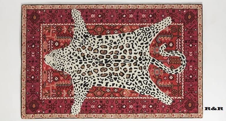 Restoration and Renovation Handmade White Leopard Rug with Blue/Red Persian Background | Animal Print Cheetah Wool Area Rug for Living Room, Bedroom and Kitchen (Red, 3x5 ft)