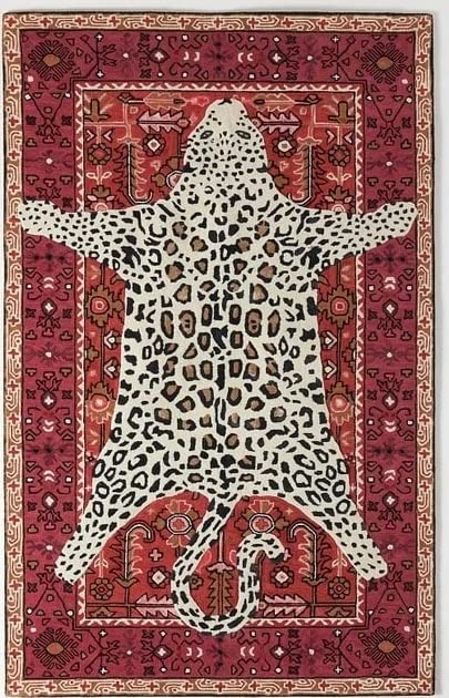 Restoration and Renovation Handmade White Leopard Rug with Blue/Red Persian Background | Animal Print Cheetah Wool Area Rug for Living Room, Bedroom and Kitchen (Red, 3x5 ft)