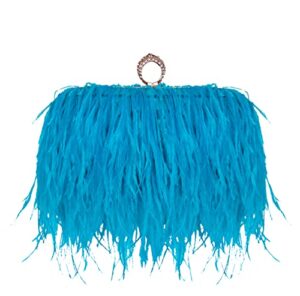 zakia ostrich feather clutch purse fluffy tote handbag for women evening party prom (a-acid blue)