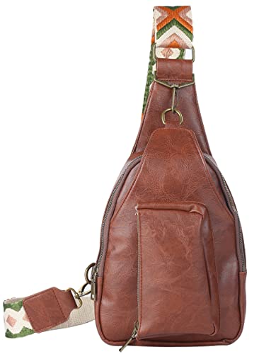 Mzjeaziany Women Chest Bag Sling Bag Small Crossbody PU Leather Satchel Daypack Shoulder backpack with coffee pocket for traveling hiking…（coffee pocket）