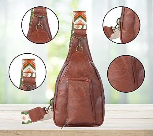 Mzjeaziany Women Chest Bag Sling Bag Small Crossbody PU Leather Satchel Daypack Shoulder backpack with coffee pocket for traveling hiking…（coffee pocket）