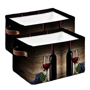 Cube Storage Bins Cloth Towel Organizer Vintage Farm Red Wine and Glass Grape Rustic Wooden Plank Fabric Collapsible Storage Baskets with Handles for Home Office Closet Shelves Toy Nursery 2 Pack