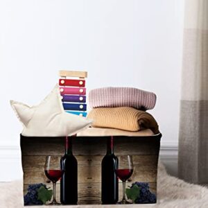 Cube Storage Bins Cloth Towel Organizer Vintage Farm Red Wine and Glass Grape Rustic Wooden Plank Fabric Collapsible Storage Baskets with Handles for Home Office Closet Shelves Toy Nursery 2 Pack