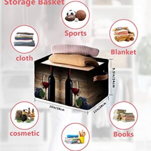 Cube Storage Bins Cloth Towel Organizer Vintage Farm Red Wine and Glass Grape Rustic Wooden Plank Fabric Collapsible Storage Baskets with Handles for Home Office Closet Shelves Toy Nursery 2 Pack