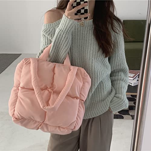 MadGrandeur Puffer Tote Bag Women's Glossy Quilted Zipper Closure Puffy Tote Bag Down Padded Shoulder Bag Cute Handbag Aesthetic Handbag (Z-Pink)