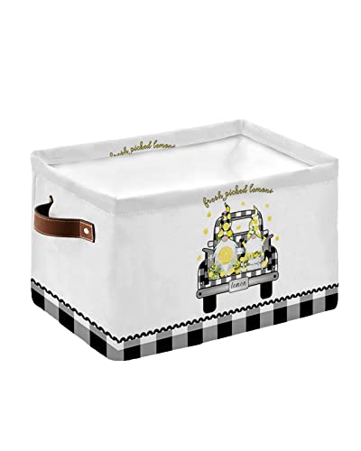 Cube Storage Bins Cloth Towel Organizer Picked Lemons Cartoon Gnome Truck Black and White Plaid Fabric Collapsible Storage Baskets with Handles for Home Office Closet Shelves Toy Nursery 1 Pack