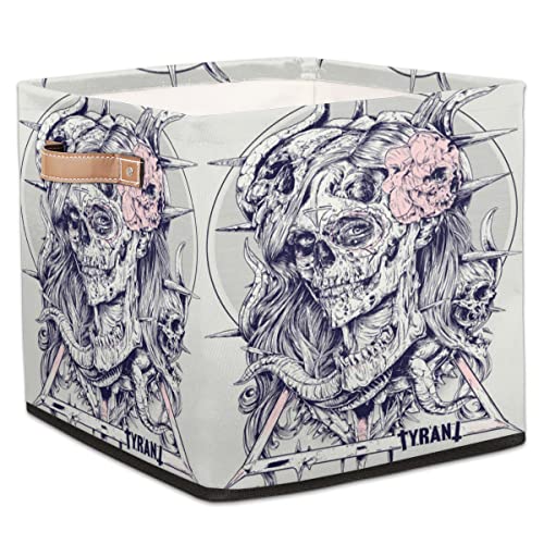 GzLeyigou Large Collapsible Storage Bins,Retro Skeleton Skull Decorative Canvas Fabric Storage Boxes Organizer with Handles,Cube Square Baskets Bin for Home Shelves Closet Nursery Gifts