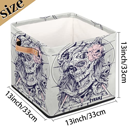 GzLeyigou Large Collapsible Storage Bins,Retro Skeleton Skull Decorative Canvas Fabric Storage Boxes Organizer with Handles,Cube Square Baskets Bin for Home Shelves Closet Nursery Gifts