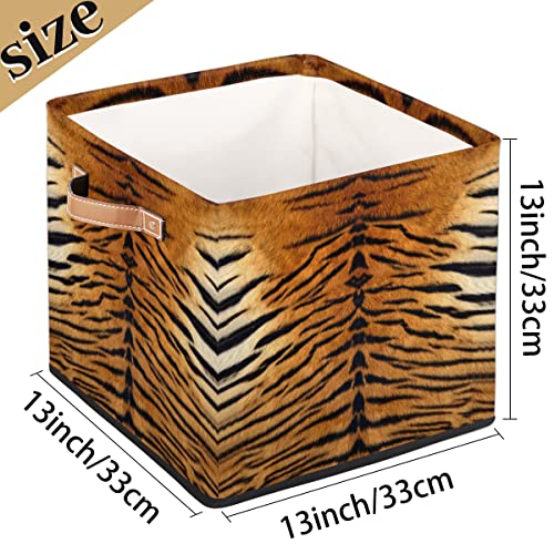 GzLeyigou Large Collapsible Storage Bins,Animal Tiger Leather Leopard Print Decorative Canvas Fabric Storage Boxes Organizer with Handles,Cube Square Baskets Bin for Home Shelves Closet Nursery Gifts