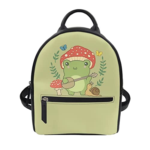 PZZ BEACH Frog Mushroom Backpack for Women Girls Leather Pouch Wallet Portable Lightweight Durable