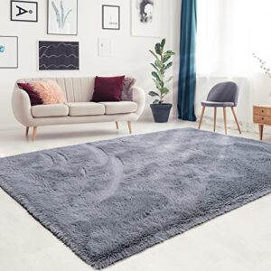 QXKAKA Soft Grey Rugs for Bedroom Living Room Carpet, 4X6 Gray Rug Small Fluffy Shag Area Rug, Non-Slip Plush Fuzzy Kids Rug for Nursery, Washable Furry Throw Rugs for Girls Boys Room Dorm Home Decor