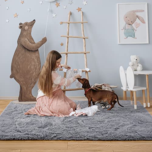 QXKAKA Soft Grey Rugs for Bedroom Living Room Carpet, 4X6 Gray Rug Small Fluffy Shag Area Rug, Non-Slip Plush Fuzzy Kids Rug for Nursery, Washable Furry Throw Rugs for Girls Boys Room Dorm Home Decor