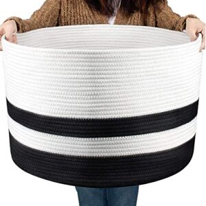 blanket basket for living room large cotton rope basket 21.7″ x 21.7″ x 13.8″ woven laundry basket toy storage bins black and white