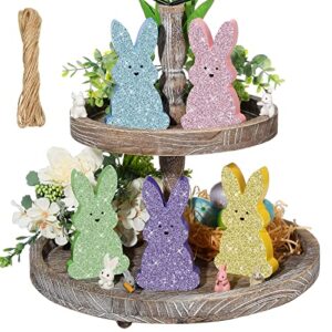 5 pcs easter decor easter bunny wooden signs glitter bunny wooden table centerpieces bunny rabbit easter tabletop with rope color easter bunny table decor for spring easter party, 5.5 x 3.1 inches