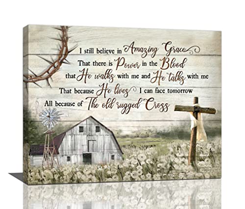 Christian Wall Decor Cross Old Barn Windmill Bathroom Pictures Canvas Print Amazing Grace Home Decorations For Living Room Kitchen Bathroom Bedroom Framed 20"x16"