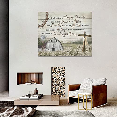 Christian Wall Decor Cross Old Barn Windmill Bathroom Pictures Canvas Print Amazing Grace Home Decorations For Living Room Kitchen Bathroom Bedroom Framed 20"x16"