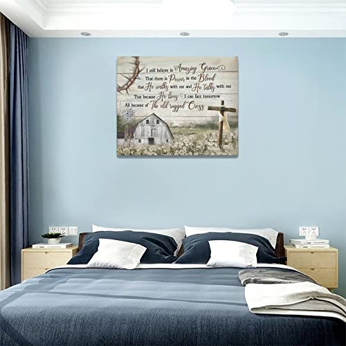 Christian Wall Decor Cross Old Barn Windmill Bathroom Pictures Canvas Print Amazing Grace Home Decorations For Living Room Kitchen Bathroom Bedroom Framed 20"x16"