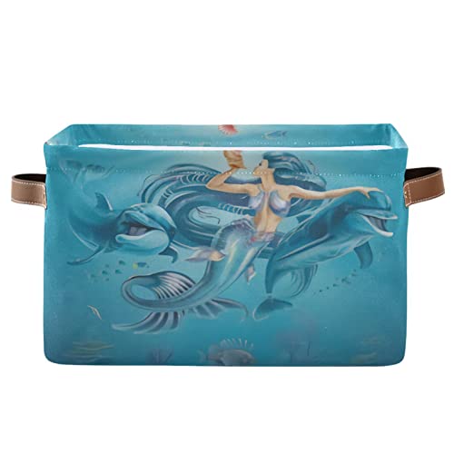 Gougeta Foldable Storage Basket with Handle, Nautical Ocean Mermaid and Dolphin Rectangular Canvas Organizer Bins for Home Office Closet Clothes Toys 2 Pack